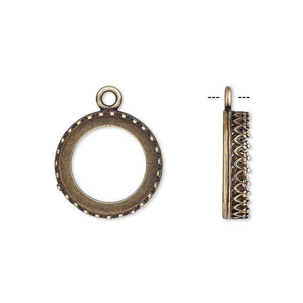 Drop, JBB Findings, antiqued brass, 16mm round with open back and decorative trim, 14mm round bezel setting. Sold per pkg of 2. image number 0