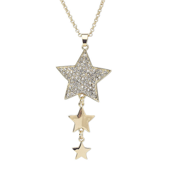 Necklace, glass rhinestone with gold-finished steel and "pewter" (zinc-based alloy), clear, 30x28mm star, 29 inches with 3-inch extender chain and lobster claw clasp. Sold individually. image number 0