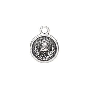 Charm, TierraCast®, antique silver-plated pewter (tin-based alloy), 14.5mm round with thistle design. Sold per pkg of 20.