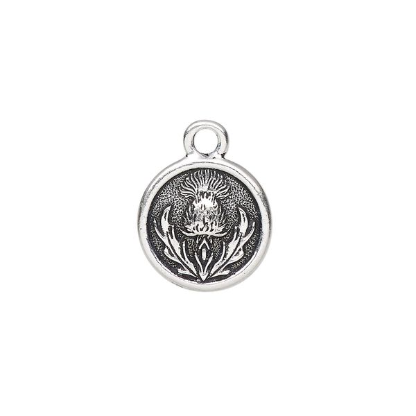 Charm, TierraCast®, antique silver-plated pewter (tin-based alloy), 14.5mm round with thistle design. Sold per pkg of 20. image number 0