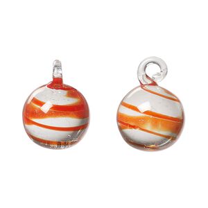 Drop, lampworked glass, red and clear, swirl, 14mm round. Sold per pkg of 2.