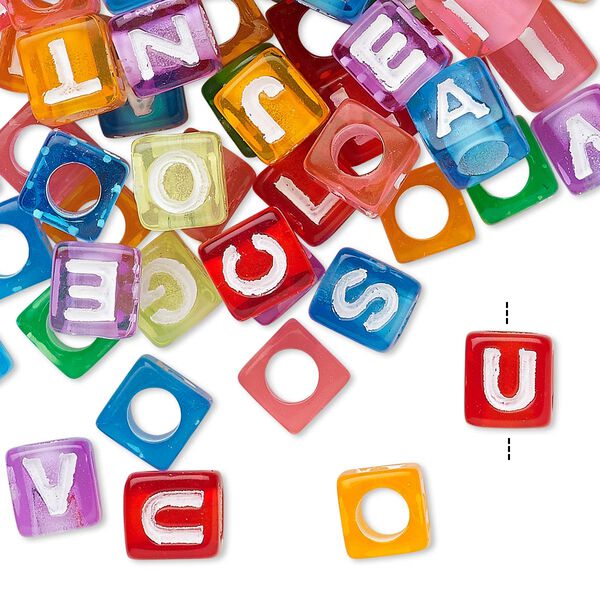 Bead mix, acrylic, translucent mixed colors, 6.5x6mm vertically drilled cube with alphabet letters and 3.5mm hole. Sold per pkg of 100. image number 0