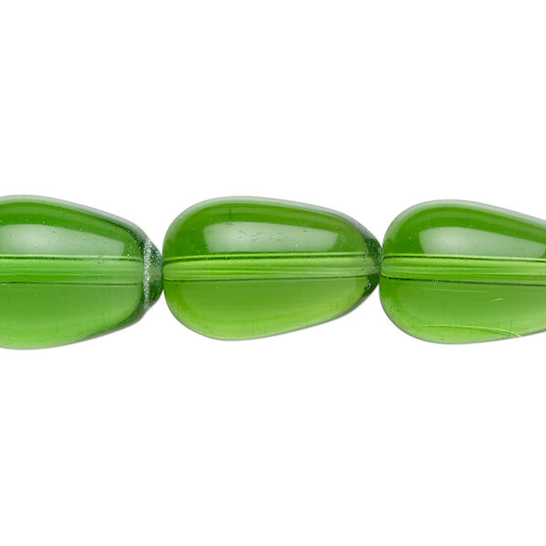 Bead, glass, transparent green, 17x11mm-18x13mm teardrop. Sold per 15-1/2" to 16" strand. image number 0
