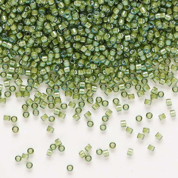 Seed bead, Delica®, glass, pkg/7.5g, #11 round, translucent white-lined luster light green (DB-1786). image number 0