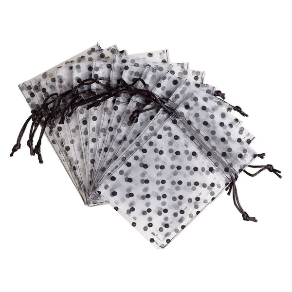 Pouch, flocked organza, white and black, 6x4 inches with dots pattern and drawstring closure. Sold per pkg of 12. image number 0