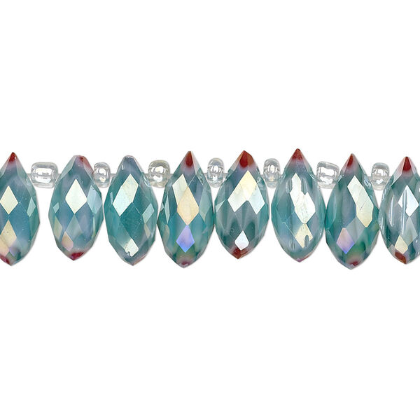 Bead, millefiori glass, marbled white / light teal / red AB, 12x6mm top-drilled faceted teardrop. Sold per 6-inch strand, approximately 25 beads. image number 0