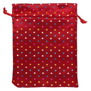Pouch, nylon, red and multicolored, 7-1/2 x 5-3/4 inches with polka dot design, drawstring closure. Sold individually.