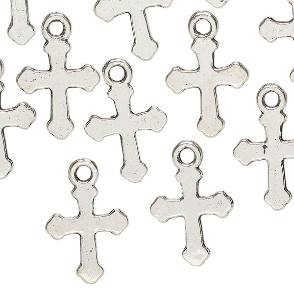 Drop, "pewter" (zinc-based alloy), pkg/20, 19x13mm double-sided flat cross, antique silver finish. image number 0