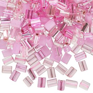 Bead mix, glass, translucent and transparent multi-pink, 5x3.5mm flat rectangle. Sold per 24-gram pkg, approximately 300 beads.