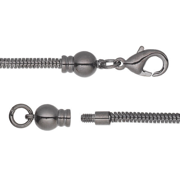 Dione® Easy-On Chain, gunmetal-plated brass, 2.6mm snake, 20 inches with 3.3mm threaded ball end and lobster claw clasp. Sold individually. image number 0