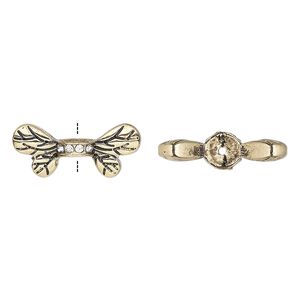 Bead, glass rhinestone and antique gold-finished "pewter" (zinc-based alloy), clear, 22x9.5mm bee wings. Sold per pkg of 2.