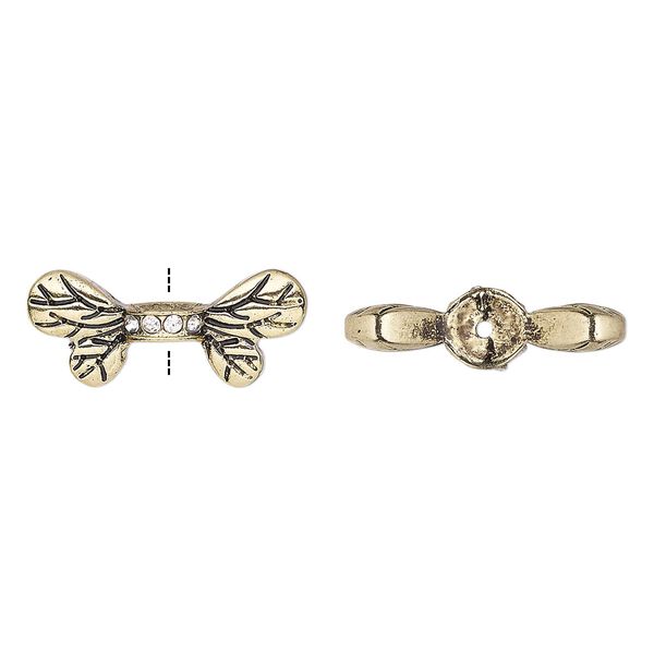 Bead, glass rhinestone and antique gold-finished "pewter" (zinc-based alloy), clear, 22x9.5mm bee wings. Sold per pkg of 2. image number 0