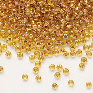 Seed bead, Miyuki, glass, pkg/50g, #8 rocaille, translucent copper pearl-lined marigold, (RR-3802).