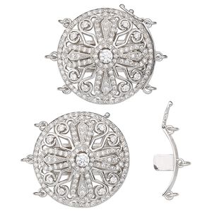 Clasp tab 1pkg1 rhodium-plated, 29mm domed fancy round / safety latch / 3.5mm jump ring, brass / clear cubic zirconia 3-strand