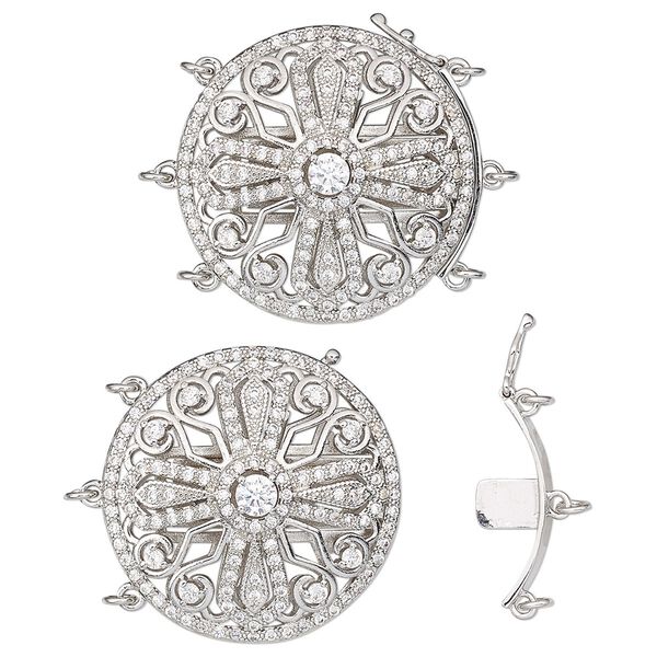 Clasp, 3-strand tab with safety, cubic zirconia and rhodium-plated brass, clear, 29mm domed fancy round with 6 jump rings. Sold individually. image number 0