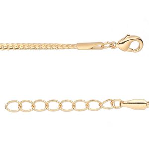 Chain, gold-finished brass, 2mm curb, 36 inches with 1-1/4 inch extender chain and lobster claw clasp. Sold per pkg of 2.