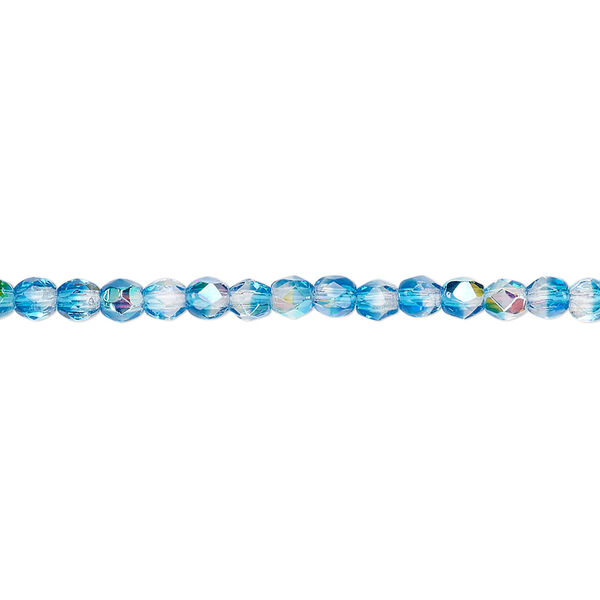Bead, Czech fire-polished glass, two-tone, crystal/aqua AB, 3mm faceted round. Sold per 15-1/2" to 16" strand. image number 0