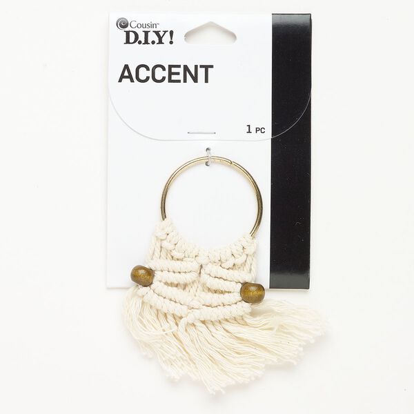 Focal wood steel cotton 1pk 3.25x1.75 inch macramé, dyed brown antique gold finish ecru image number 0