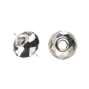 Bead, Dione®, glass and silver-plated brass grommets, 32-facet, opaque metallic dark silver, 14x9mm faceted rondelle. Sold per pkg of 6.