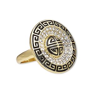 Ring, Austrian crystal / enamel / gold-finished "pewter" (zinc-based alloy), black and clear, 26mm round with Greek key design, size 9. Sold individually.
