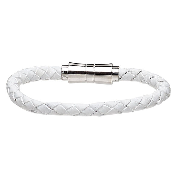 Bracelet, Everyday Jewelry, leather (dyed) and stainless steel, white, 6mm bolo cord, 6-1/2 inches with magnetic clasp. Sold individually. image number 0