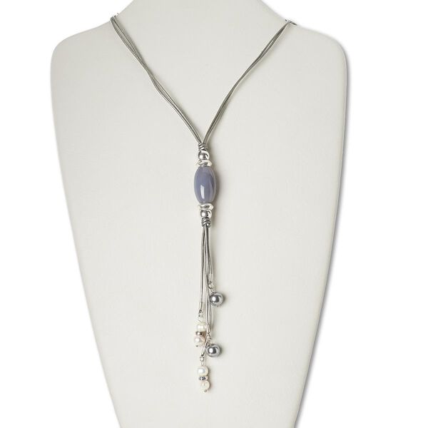 Necklace, agate (natural) / cultured freshwater pearl (bleached) / leather (dyed) / glass / silver-coated plastic / silver-finished steel / "pewter" (zinc-based alloy), grey and white, 7-1/2 inch dangle with 28x15mm oval, 30 inches with 2-inch extender chain and lobster claw clasp. Sold individually. image number 0