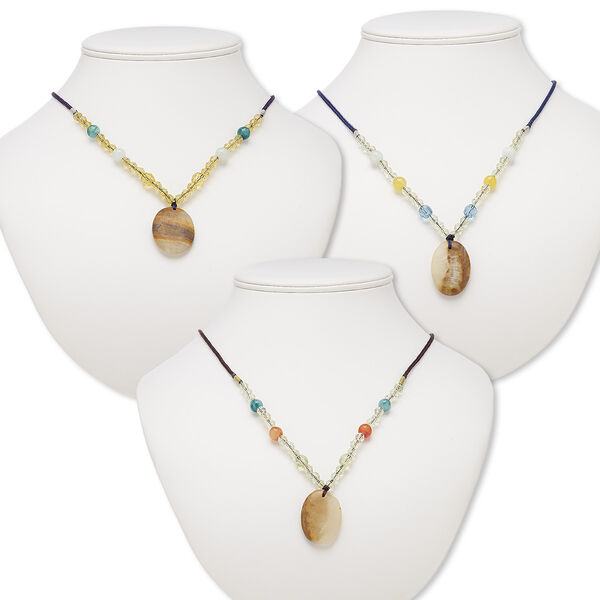 Necklace mix, Italian "onyx" / multi-gemstone (natural / dyed) / nylon / acrylic / glass, multicolored, 33x23mm-34x26mm oval, 20- to 24-inch continuous loop. Sold per pkg of 3. image number 0