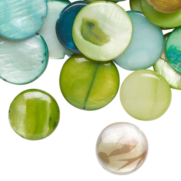 Mother-of-pearl shell 1pkg4oz, puffed flat round bead mix multi-green 13-16mm image number 0