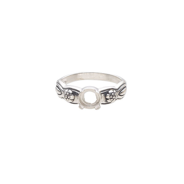 Ring, antiqued sterling silver, 7mm band with flower design and open back with 6mm round cabochon 4-prong setting, size 9. Sold individually. image number 0