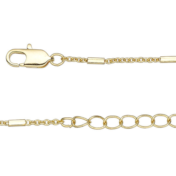 Chain, gold-finished brass, 2x1.5mm cable and 4x2mm rectangle tube, 36 inches with 1-1/4 inch extender chain and lobster claw clasp. Sold individually. image number 0