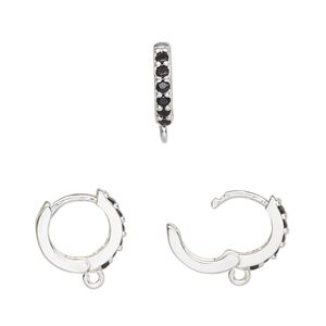 Hoop, silver-finished brass and glass, black, 13mm hoop, 17 gauge. Sold per pair.