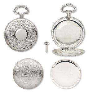 Watch body, acrylic / glass / silver-plated "pewter" (zinc-based alloy), clear, 66x48mm round with filigree and floral design. Sold per 4-piece set.