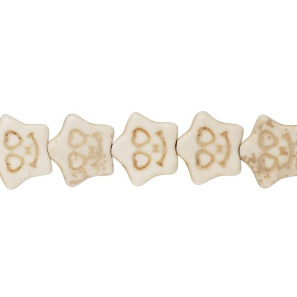 Bead, "howlite" (resin) (imitation), white, 12x11mm carved flat star. Sold per 15-inch strand. image number 0