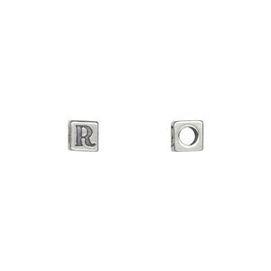 Bead, Dione®, alphabet bead, sterling silver, 5.5mm cube with alphabet letter "R." Sold individually.