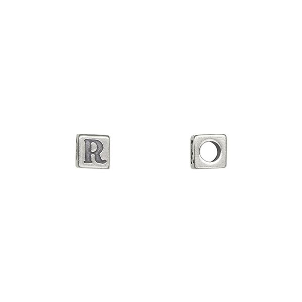 Bead, Dione®, alphabet bead, sterling silver, 5.5mm cube with alphabet letter "R." Sold individually. image number 0