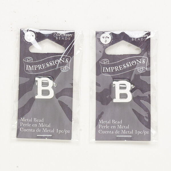 Bead, silver-finished "pewter" (zinc-based alloy), 13x11mm top-drilled alphabet letter "B" with 2mm hole. Sold per pkg of 2. image number 0