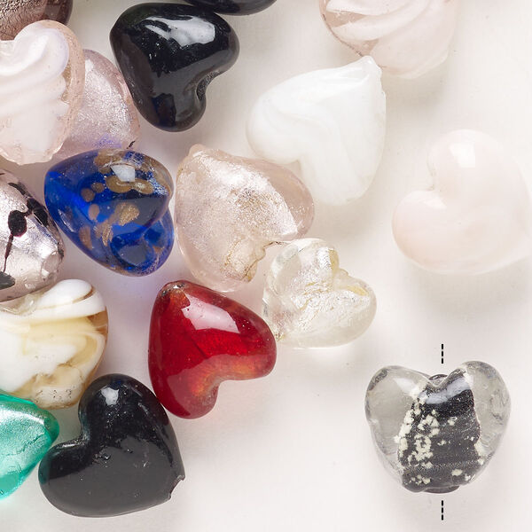 Bead mix, lampworked glass, pkg/30, opaque and translucent multicolored with silver-colored foil and copper-colored glitter, 8-16mm puffed heart. image number 0