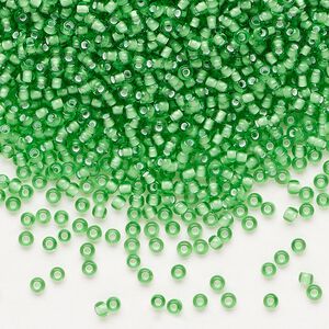 Seed bead, Preciosa Ornela, glass, transparent chalkwhite-lined medium green, #11 rocaille. Sold per 50-gram pkg.
