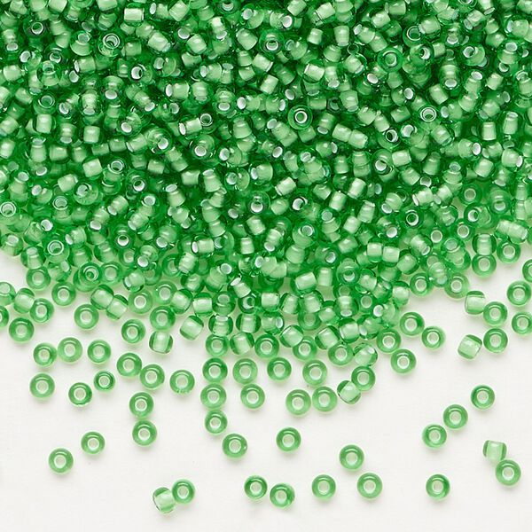 Seed bead, Preciosa Ornela, glass, transparent chalkwhite-lined medium green, #11 rocaille. Sold per 50-gram pkg. image number 0
