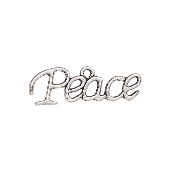 Drop, antique silver-finished "pewter" (zinc-based alloy), 28x9.5mm single-sided "Peace." Sold per pkg of 2. image number 0