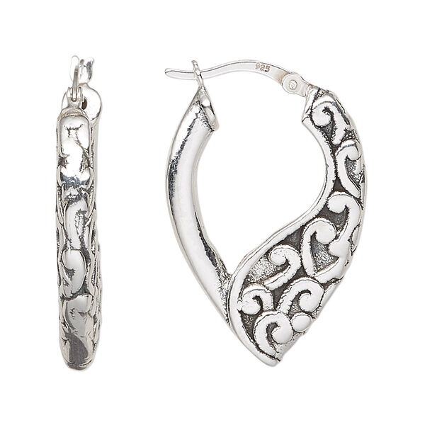 Earring, antiqued sterling silver, electroformed, 32mm teardrop hoop with swirls design and latch-back closure. Sold per pair. image number 0