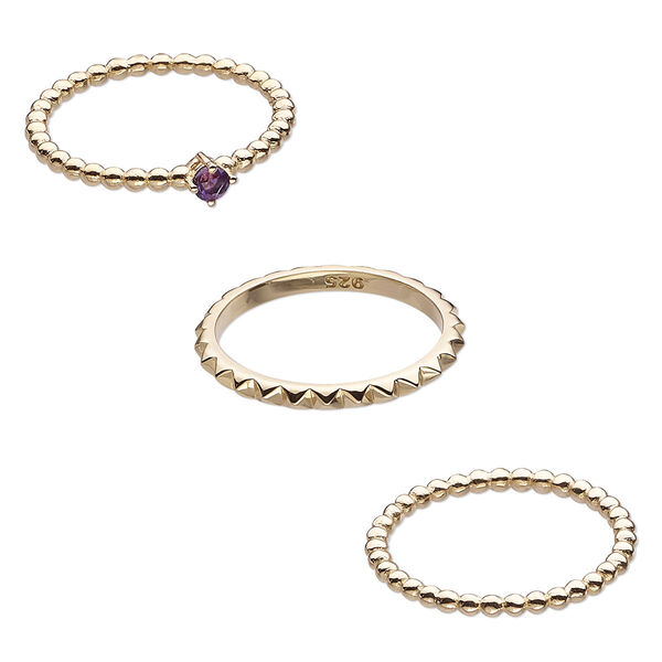 Ring, amethyst (natural) and gold-finished sterling silver, 2mm wide spiked band / 2mm / 4mm wide beaded band, size 8. Sold per 3-piece set. image number 0