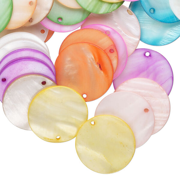 Drop mix, mother-of-pearl shell (bleached/dyed), mixed colors, 25mm flat round, Mohs hardness 3-1/2. Sold per pkg of 100. image number 0