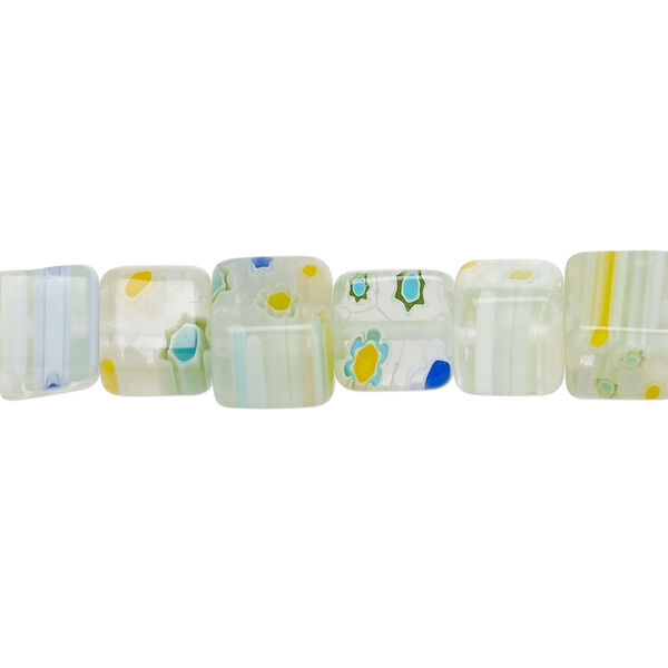 Bead, millefiori glass, clear and multicolored, 7-9mm cube with flower, sunburst and stripe design. Sold per 14-inch strand approximately 50 beads. image number 0