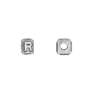 Bead, antiqued pewter (tin-based alloy), 8x6mm rectangle with alphabet letter "R". Sold per pkg of 4.