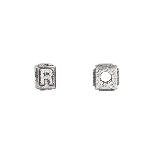 Bead, antiqued pewter (tin-based alloy), 8x6mm rectangle with alphabet letter "R". Sold per pkg of 4. image number 0