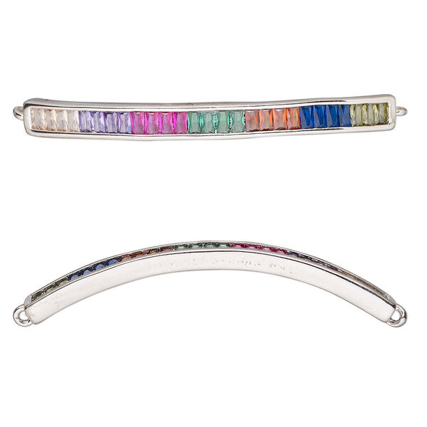 Link, cubic zirconia and silver-finished brass, multicolored, 42.5x4mm single-sided curved bar. Sold individually. image number 0