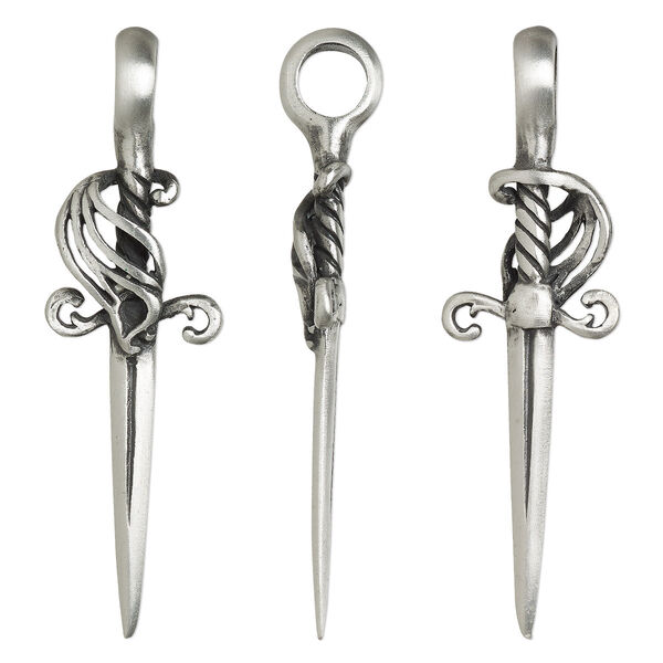 Pendant, Powerful Pewter Pendants, antiqued pewter (tin-based alloy), 58x18mm 3D dagger. Sold individually. image number 0