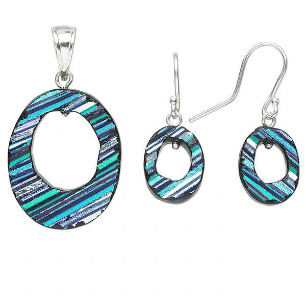 Pendant and earring set, sterling silver and dichroic glass, multicolored turquoise, 42x23mm oval go-go pendant, 32x14mm oval go-go earrings. Sold per set. image number 0