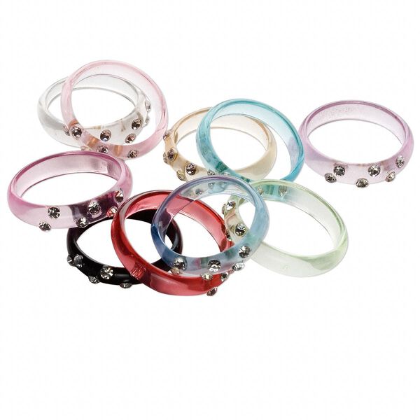 Ring mix, acrylic and glass rhinestone, clear and mixed colors with zigzag pattern, sizes 6-10. Sold per pkg of 10. image number 0